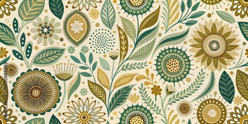 An Enchanting Seamless Pattern of Stylized Floral Motifs in Earthy Tones, Featuring Intricate Details and Organic Shapes, Ideal for Textile Designs and Surface Decoration