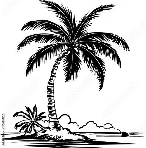 Tropical island paradise beachfront illustration calm environment aerial view vacation escape