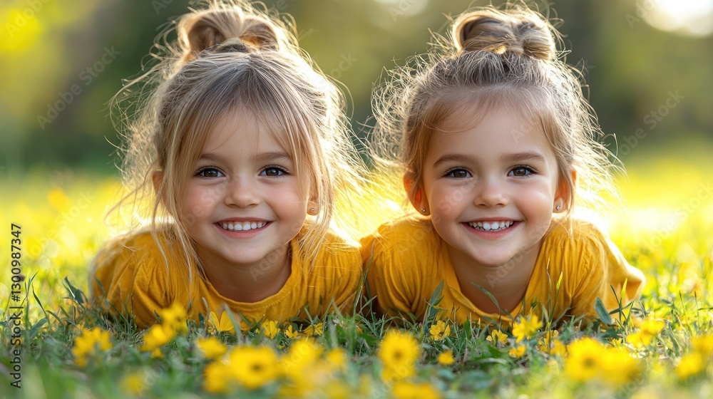 Two smiling twin girls lying in a field of yellow flowers. Two smiling twin girls lying in a field of yellow flowers.