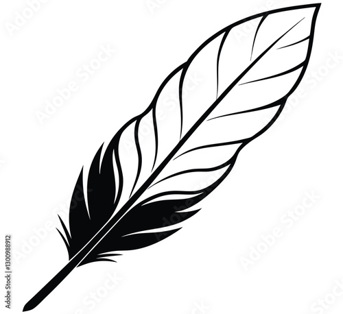 Elegant minimalist black fluffy contour feather style flat logo icon tattoo stock design vector silhouette illustration. Crisp outlines and a captivating contrast between light and shadow.