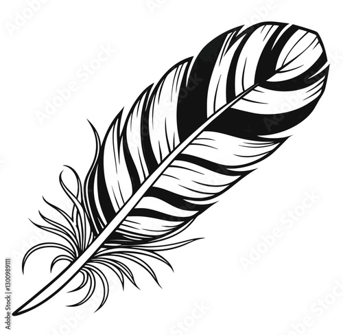 Elegant minimalist black fluffy contour feather style flat logo icon tattoo stock design vector silhouette illustration. Crisp outlines and a captivating contrast between light and shadow.
