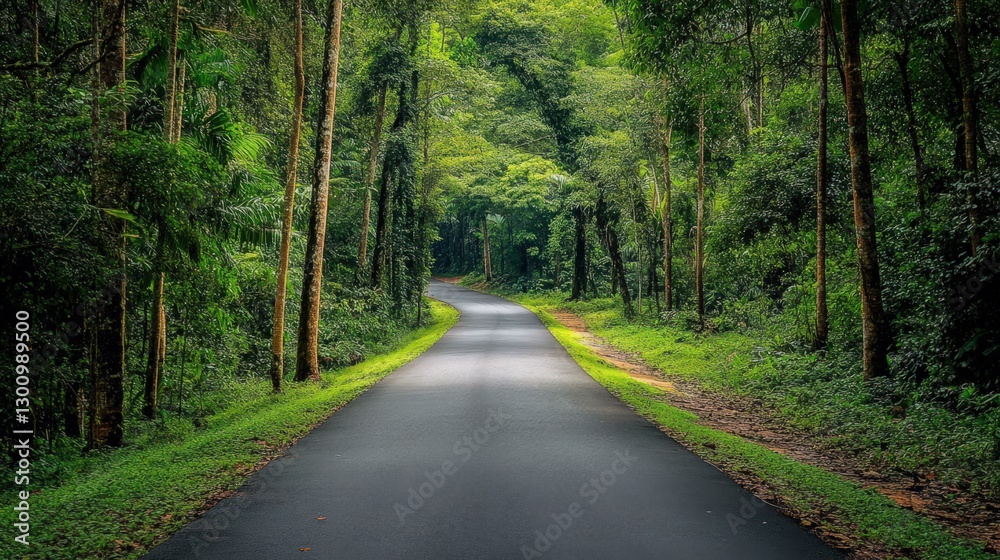 Fototapeta premium Winding road through verdant tropical rainforest with dense green foliage