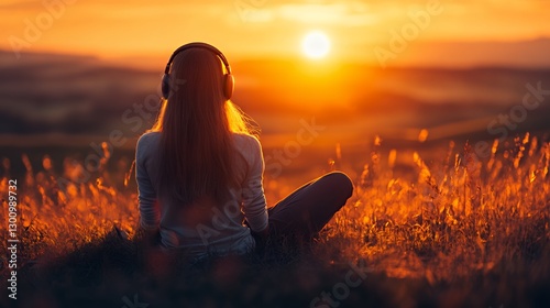 A young woman enjoying a sunset while listening to music in a serene field.