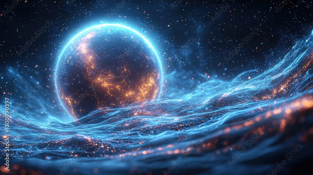 Obraz premium Glowing Planet, Cosmic Ocean, Nebula Background