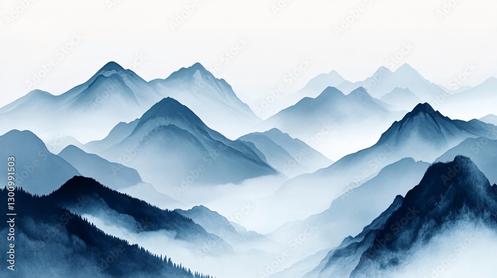 Serene Blue Mountainscape Misty Peaks in Tranquil Watercolor Style Serene Blue Mountainscape Misty Peaks in Tranquil Watercolor Style