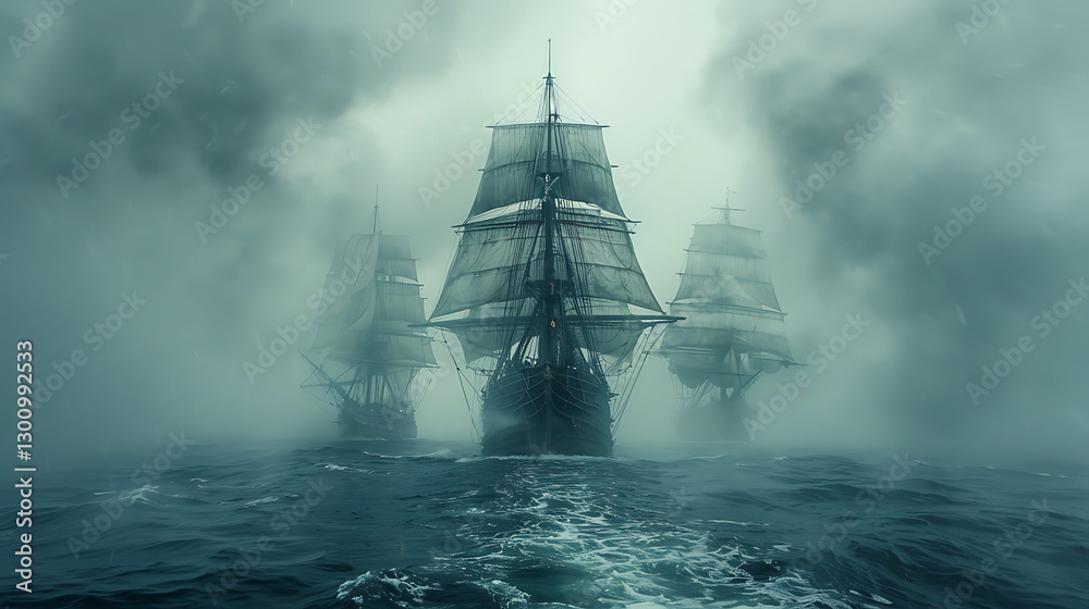 Majestic sailing ships navigating through thick fog on a mysterious sea, evoking adventure and exploration Majestic sailing ships navigating through thick fog on a mysterious sea, evoking adventure and exploration