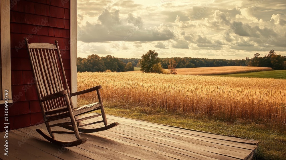 An empty wooden rocking chair overlooks vast fields of wheat An empty wooden rocking chair overlooks vast fields of wheat