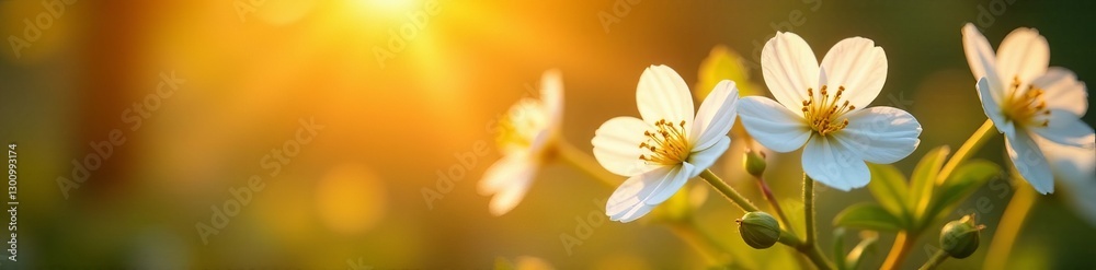 Fototapeta premium Delicate white flowers blooming in golden sunset light, sunset, delicate