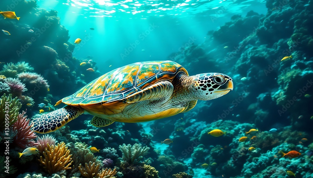 Naklejka premium Sea Turtle Swimming Through a Vibrant Coral Reef Underwater Scene