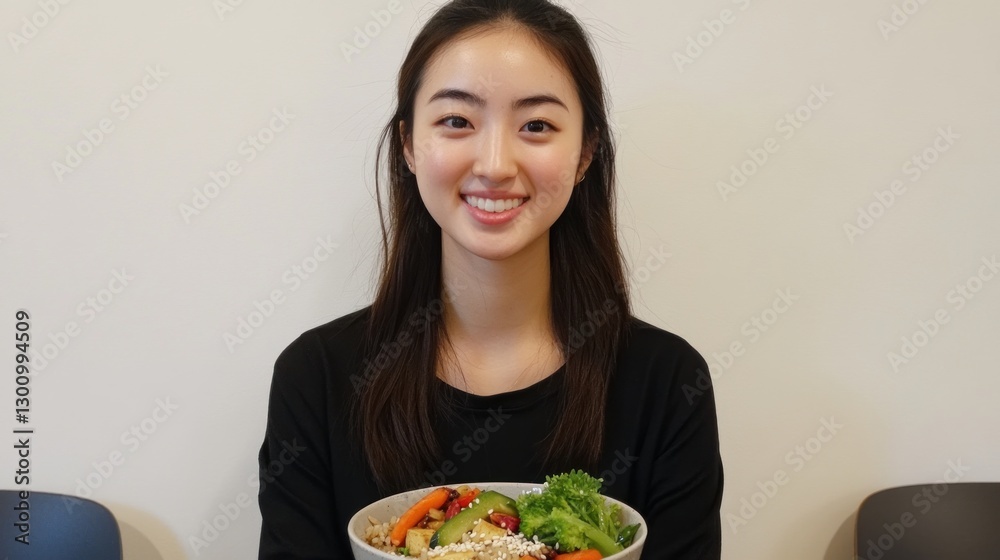 Smiling Woman Holding a Bowl of Healthy and Delicious Vegetarian Food Smiling Woman Holding a Bowl of Healthy and Delicious Vegetarian Food