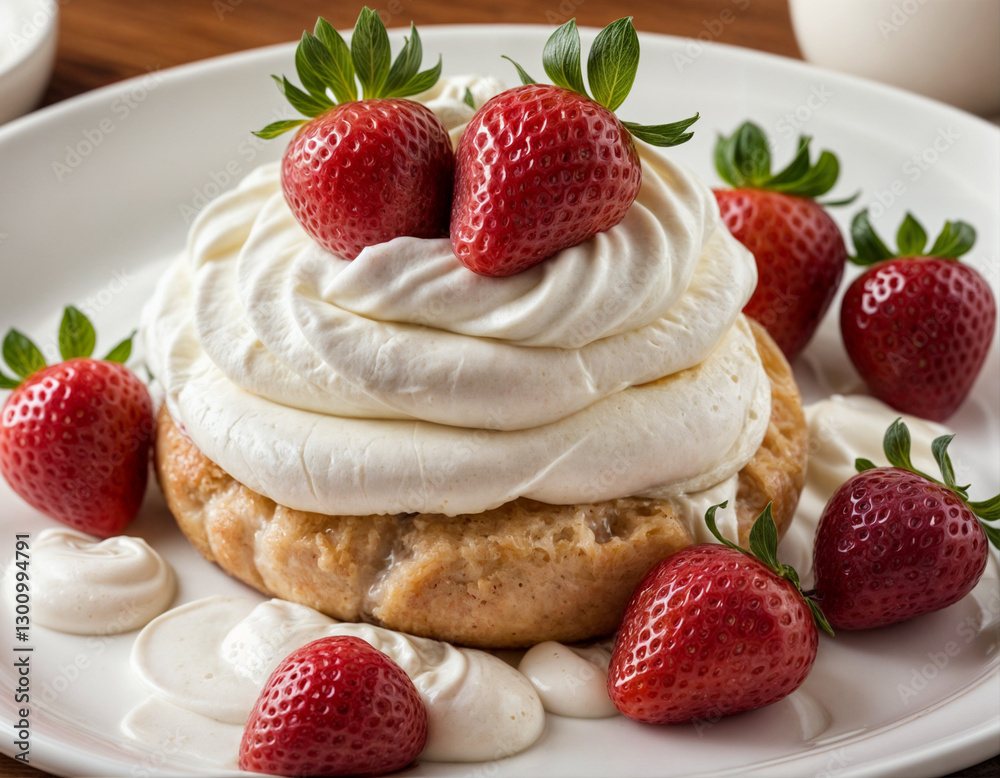 Castera with strawberries and whipped cream on top Castera with strawberries and whipped cream on top