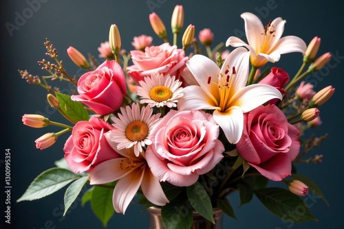 Fototapeta Naklejka Na Ścianę i Meble -  Elegant floral bouquet with roses, daisies, and lilies, arrangement, garden