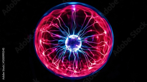 A red and blue plasma ball, emitting vibrant light in the dark room. The sphere is circular with intricate patterns of neon pink lines on it