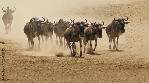 A herd of wildebeest charges across a dry savanna, kicking up clouds of dust during their migration, symbolizing survival and movement.
