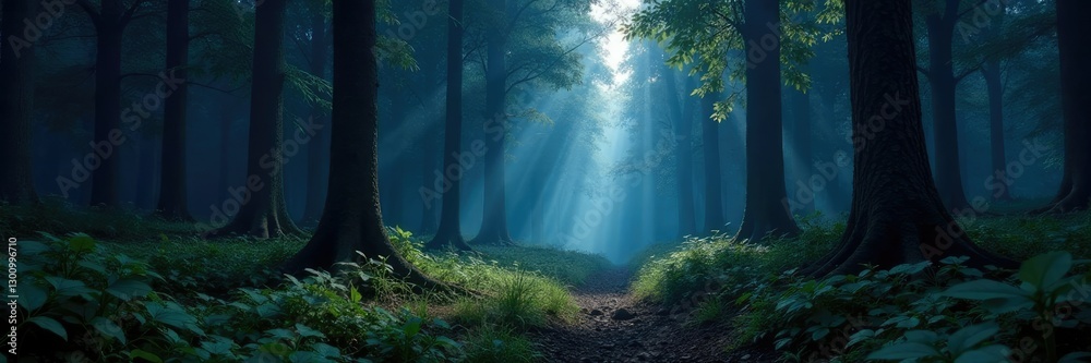 Obraz premium A forest floor bathed in moonlight and shadows, forest, shadows, moonlight