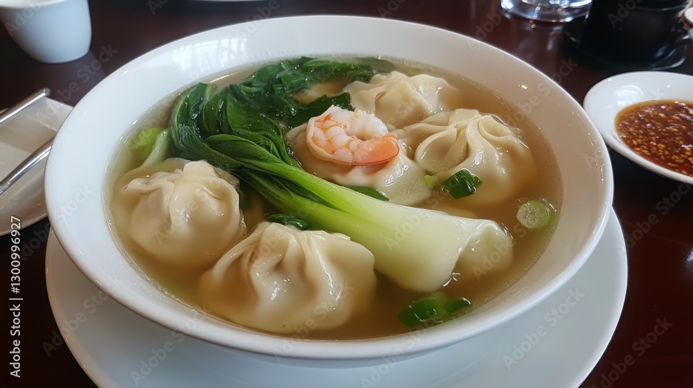 A delicious bowl of Chinese wonton soup, with delicate wontons filled with ground pork and shrimp, served in a clear broth with bok choy and green onions A delicious bowl of Chinese wonton soup, with delicate wontons filled with ground pork and shrimp, served in a clear broth with bok choy and green onions