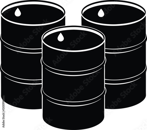Oil barrels silhouette with dripping oil in vector art for industrial, energy, and waste management illustrations