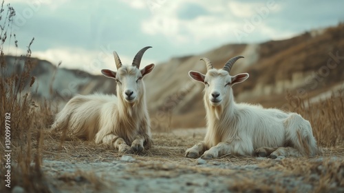 Two goats lie peacefully on the ground, their bodies relaxed as they bask in the warmth of the sun.