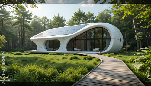 Modern futuristic white house with solar panels and a wooden walkway in a green forest.
