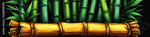 Vibrant Bamboo Vector Illustration: Green Stalks and Golden Bamboo Leaves for Natural, Tropical, Zen Art, and Eco-friendly Design Concepts