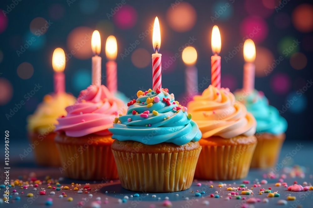 Colorful birthday cupcakes with lit candles on a festive background, event, celebration Colorful birthday cupcakes with lit candles on a festive background, event, celebration