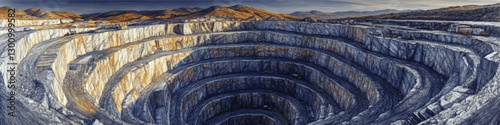 Stunning Vector Illustration of a Majestic Open-Pit Mine in Mountainous Terrain with Heavy Machinery, Capturing Industrial Engineering and Natural Beauty of Excavation