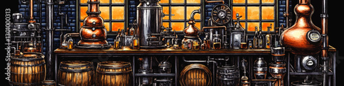 Vintage Distillery Illustration Featuring Copper Stills, Barrels, and Bottles in an Industrial Setting with Warm Orange Glow and Classic Brewing Equipment