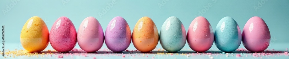 Homemade glitter eggs in pastel colors with sparkles and sequins, shiny, celebration Homemade glitter eggs in pastel colors with sparkles and sequins, shiny, celebration