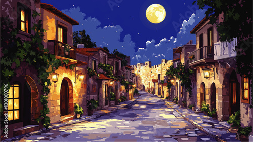 Stunning Vector of a Moonlit Mediterranean Village Street with Illuminated Stone Houses and Ivy, Featuring Starry Night Sky, Lanterns, and Vibrant Foliage
