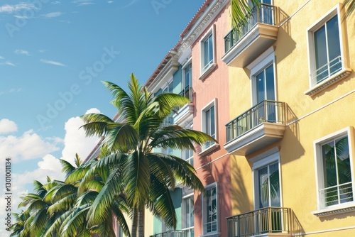 High Definition Visual of Hotel Buildings and Palm Tree at Foreground Resort and Vacation Concept