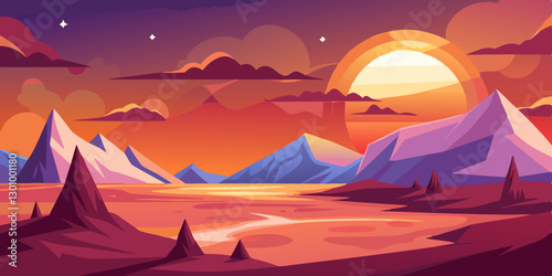 Tundra landscape during sunset showcasing distant mountains and calm waters