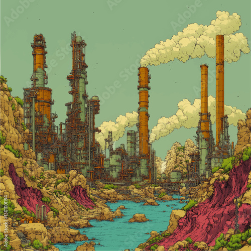 Futuristic Industrial Complex with Smokestacks in Natural Landscape by River - Vector Art Illustration for Environmental Impact and Urbanization Concepts