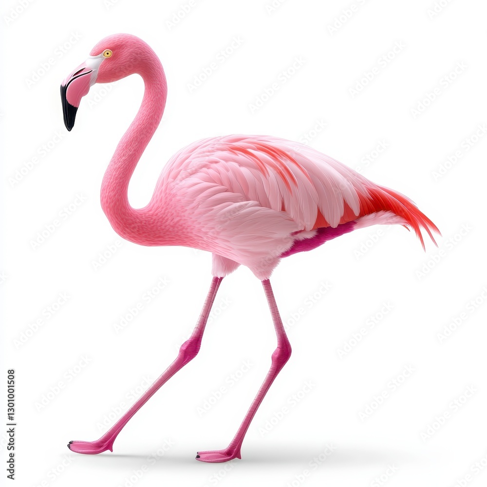 Fototapeta premium Pink Flamingo Walking on White Background Studio Shot