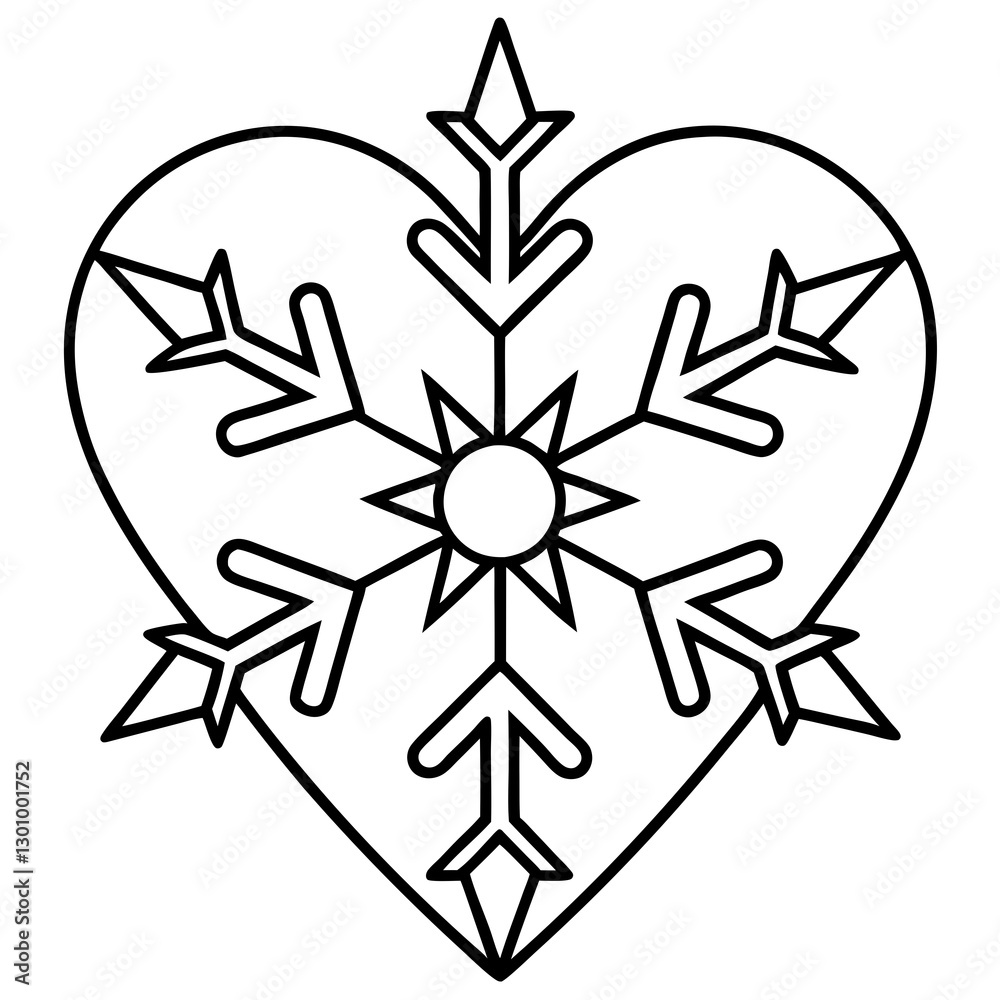 Fototapeta premium Heart-shaped snowflake line art vector