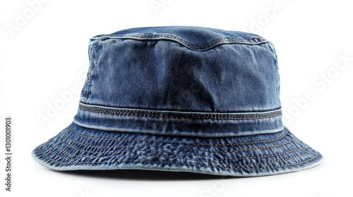 A denim bucket hat with stitched details, isolated white background 