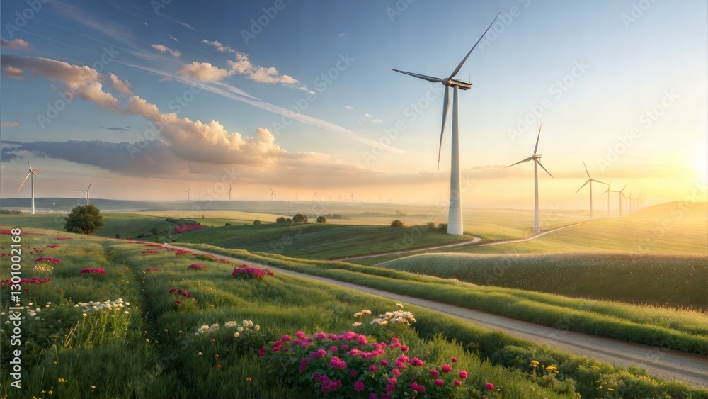 Scenic wind farm with turbines on a lush green hillside during sunset, surrounded by colorful wildflowers copy space
Scenic wind farm with turbines on a lush green hillside during sunset, surrounded by colorful wildflowers copy space