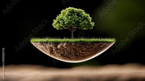 Floating green tree over earthy ground nature scene surreal environment close-up view concept of sustainability