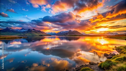 Golden hour paints Iceland's lake with dramatic, low-light hues; a breathtaking sunset landscape.
