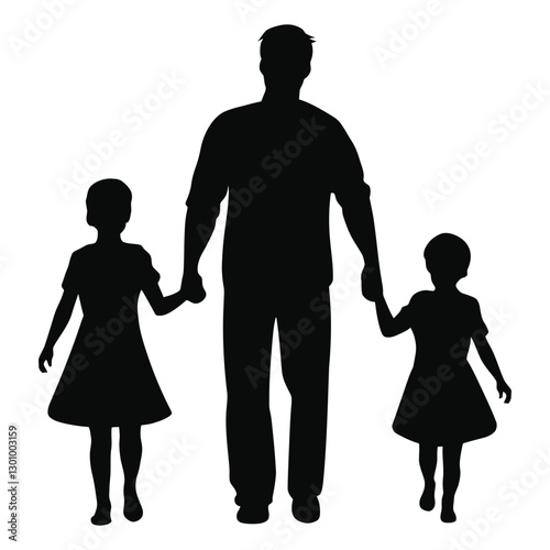 A Father and His Daughters silhouette with      
white background