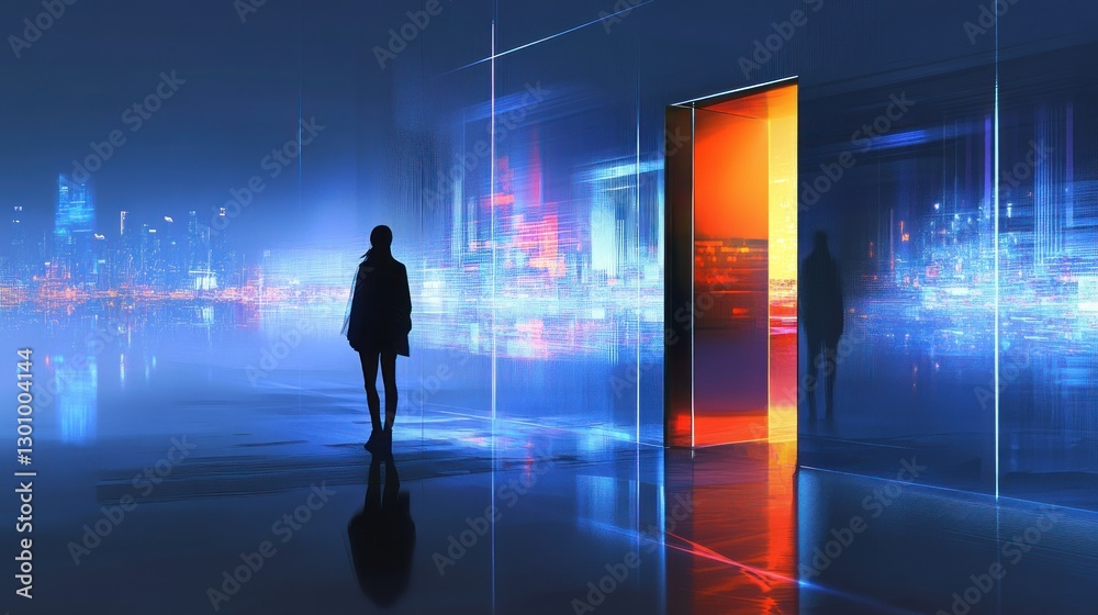 Night city, person walks towards glowing portal