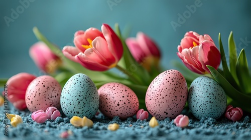Playful eggs and pink tulips showcased against a soft pastel blue setting, creating a lively image with space for text in an empty circle, capturing the essence of spring fling.