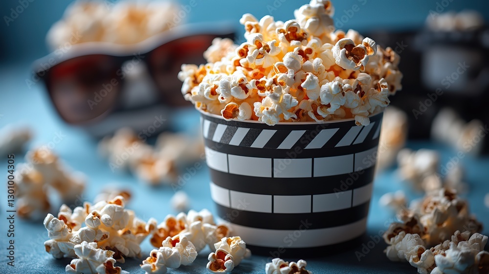 Popcorn and 3D glasses with a clapperboard on a vertical vibrant blue background, ideal for movie entertainment and cinema concepts. Popcorn and 3D glasses with a clapperboard on a vertical vibrant blue background, ideal for movie entertainment and cinema concepts.