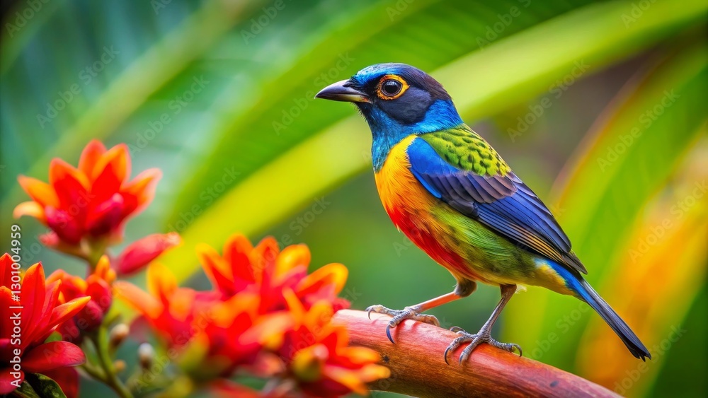 Obraz premium Vibrant Tropical Bird Perched on Branch Amongst Bright Orange Flowers in Lush Green Foliage