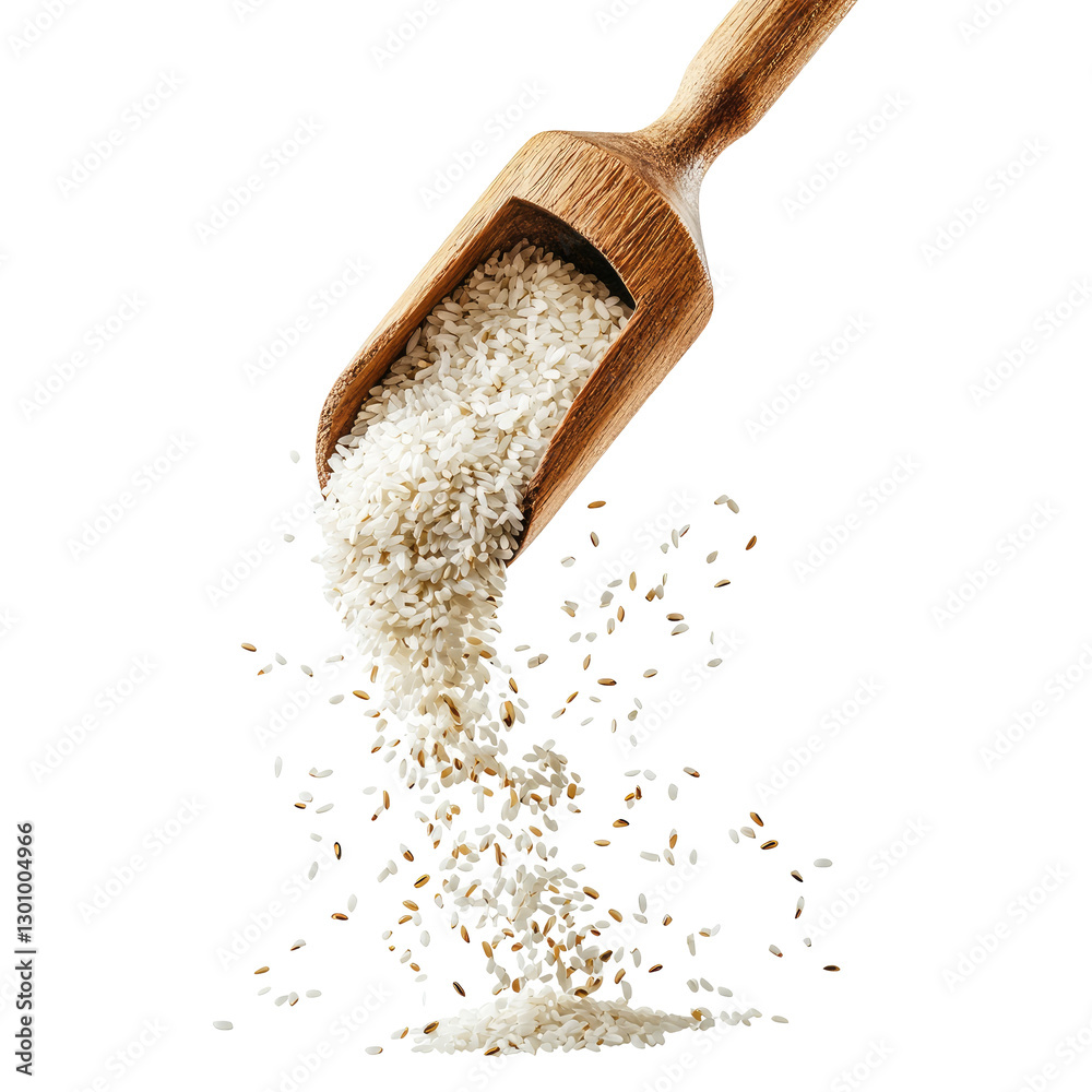 uncooked rice being poured on transparent background