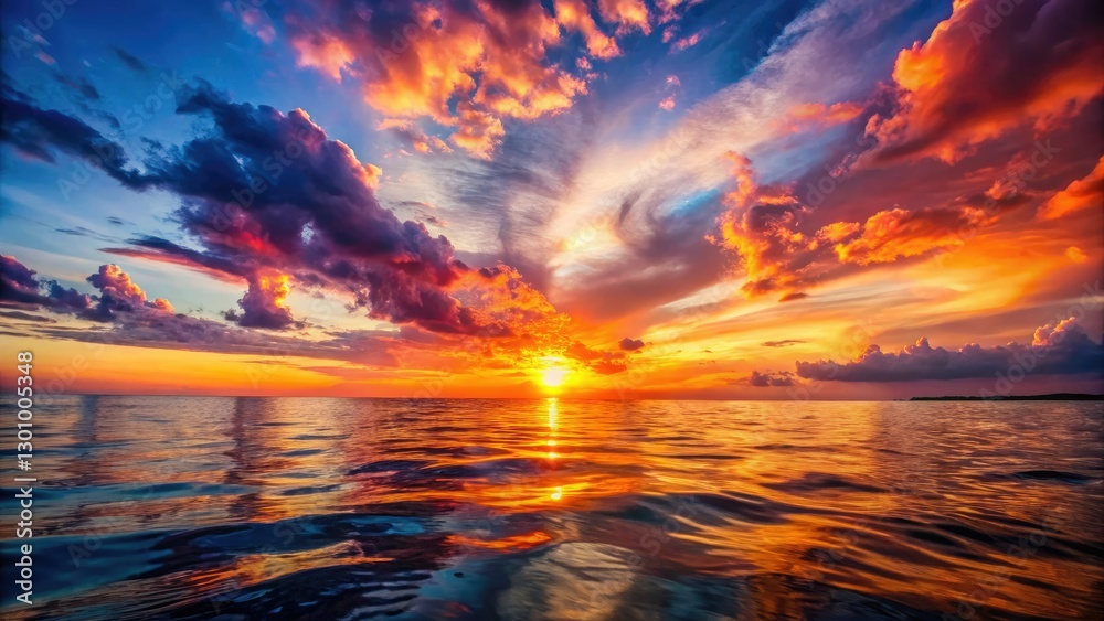 Fototapeta premium Golden hour paints the beach in fiery hues, a dramatic ocean sunset explodes in vibrant color.