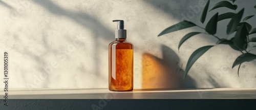 Elegant Amber Bottle with Pump on Minimalist Shelf and Shadows photo