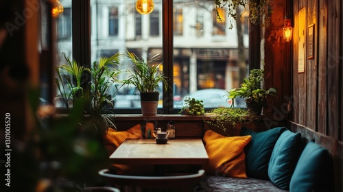Fototapeta Naklejka Na Ścianę i Meble -  A cozy cafe nook decorated with plants and comfortable seating