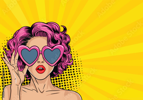 Surprised woman in glasses in the form of hearts. Vector bright background in retro comic pop art style
