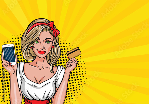 Young woman in pop art style with phone and credit card. On yellow background. Pop art in comics vector style