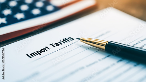 Official trade documents on Import Tariffs with pen, American flag.